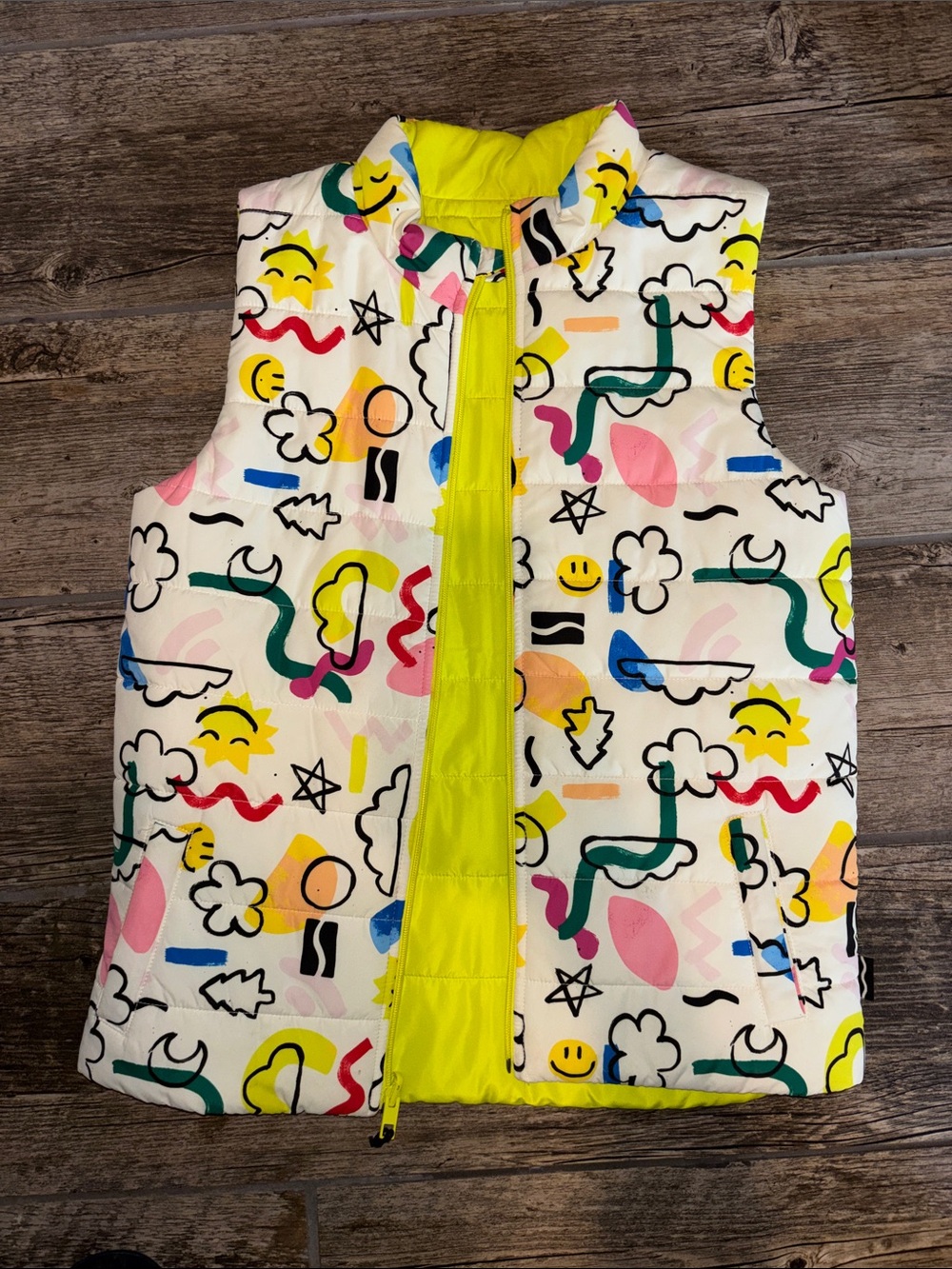 art class Yellow & Multicolor Kids Puffer Vest with Playful Print